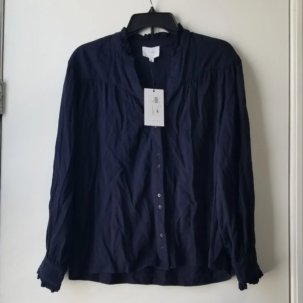 Sundays Andrea Long Sleeve Twill Top In Navy Size XS - Picture 10 of 13